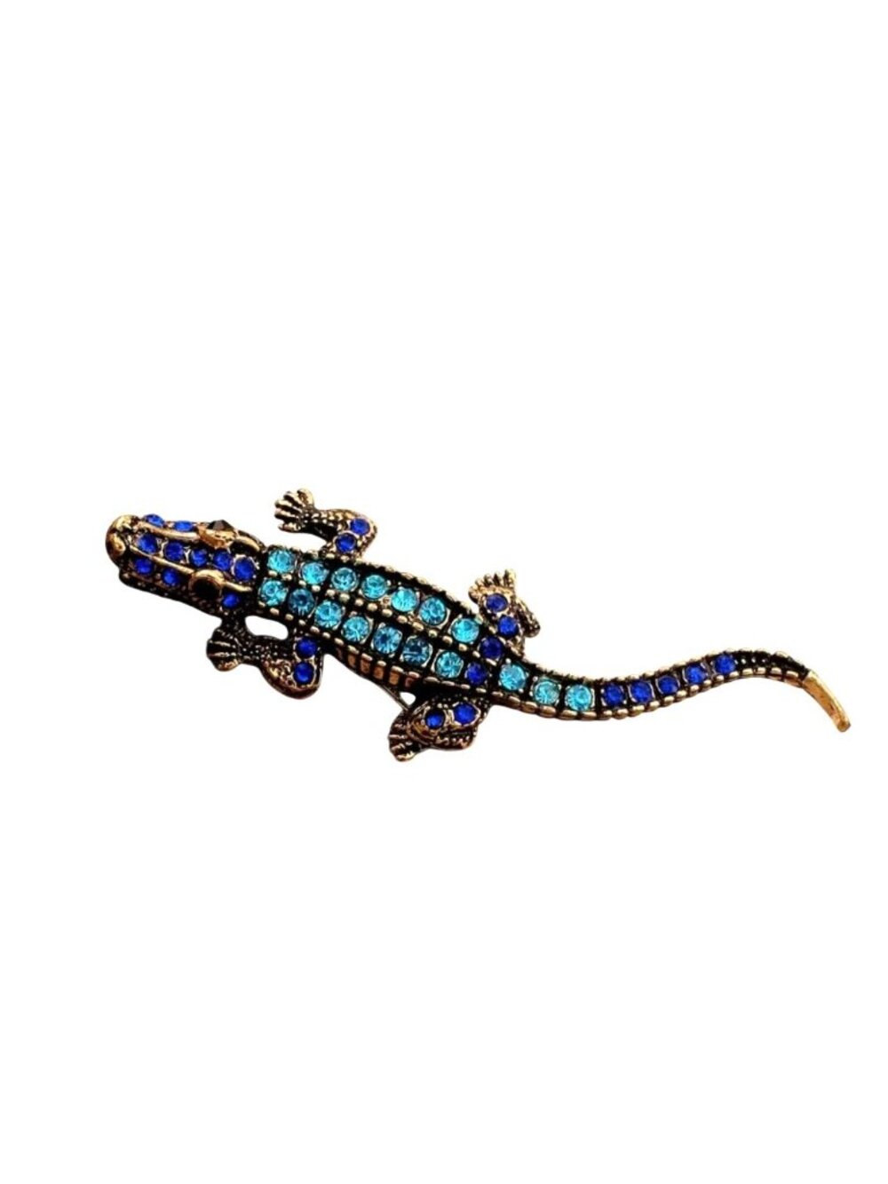 Blue Rhinestone Alligator Brooch Pin Gold Tone